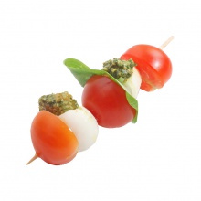 Мини закуска из сыра моцарелла и помидорами черри на шпажке с песто из базилика